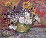 Life Canvas Paintings - Still life with roses and sunflowers